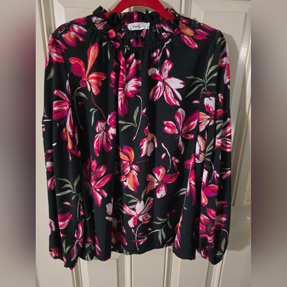 Black and Pink Ruffled Blouse with Mandarin Collar